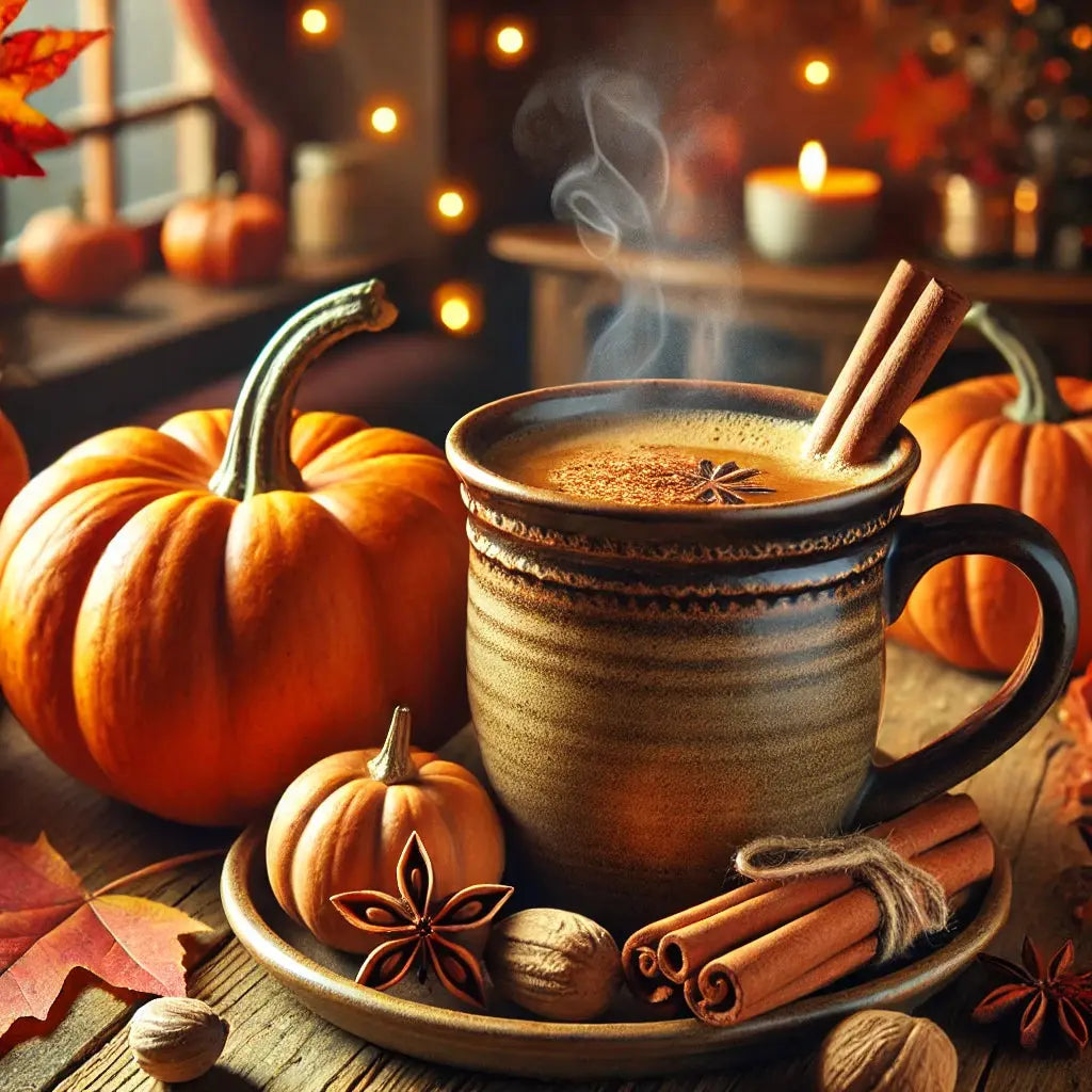 JavaMania Pumpkin Spice flavored coffee in autumn-themed setting with cinnamon, nutmeg, and cloves displayed around the cup.