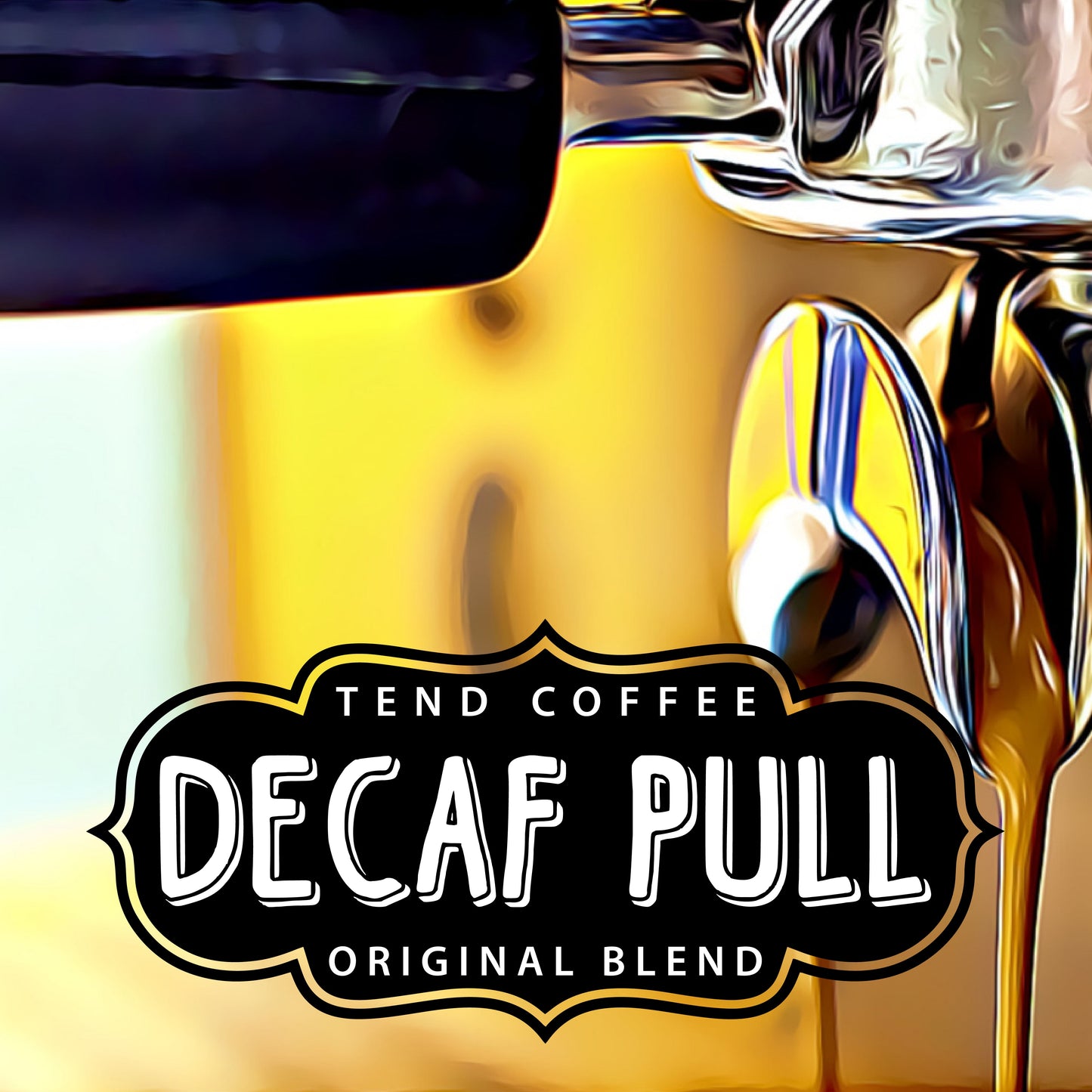 Decaf Pull Espresso coffee by Tend Coffee, showing a close-up of a rich, brewed espresso in a cup with crema.