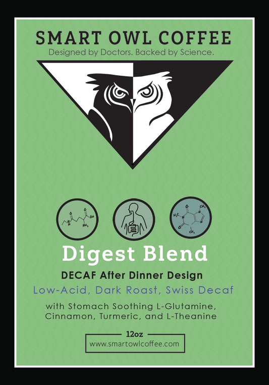 Swiss Decaf Digest Blend coffee by Smart Owl Coffee in a bag, showcasing the packaging designed for digestive health.