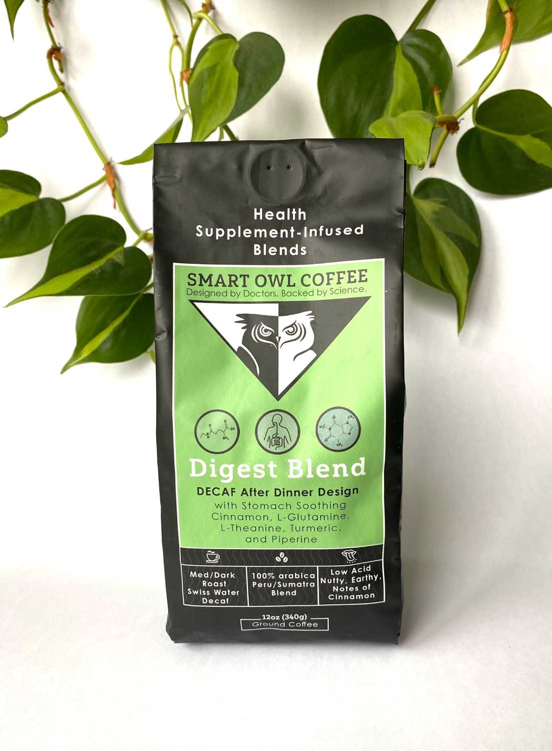 Swiss Decaf Digest Blend coffee by Smart Owl Coffee, featuring a rich, aromatic brew designed to support digestion.