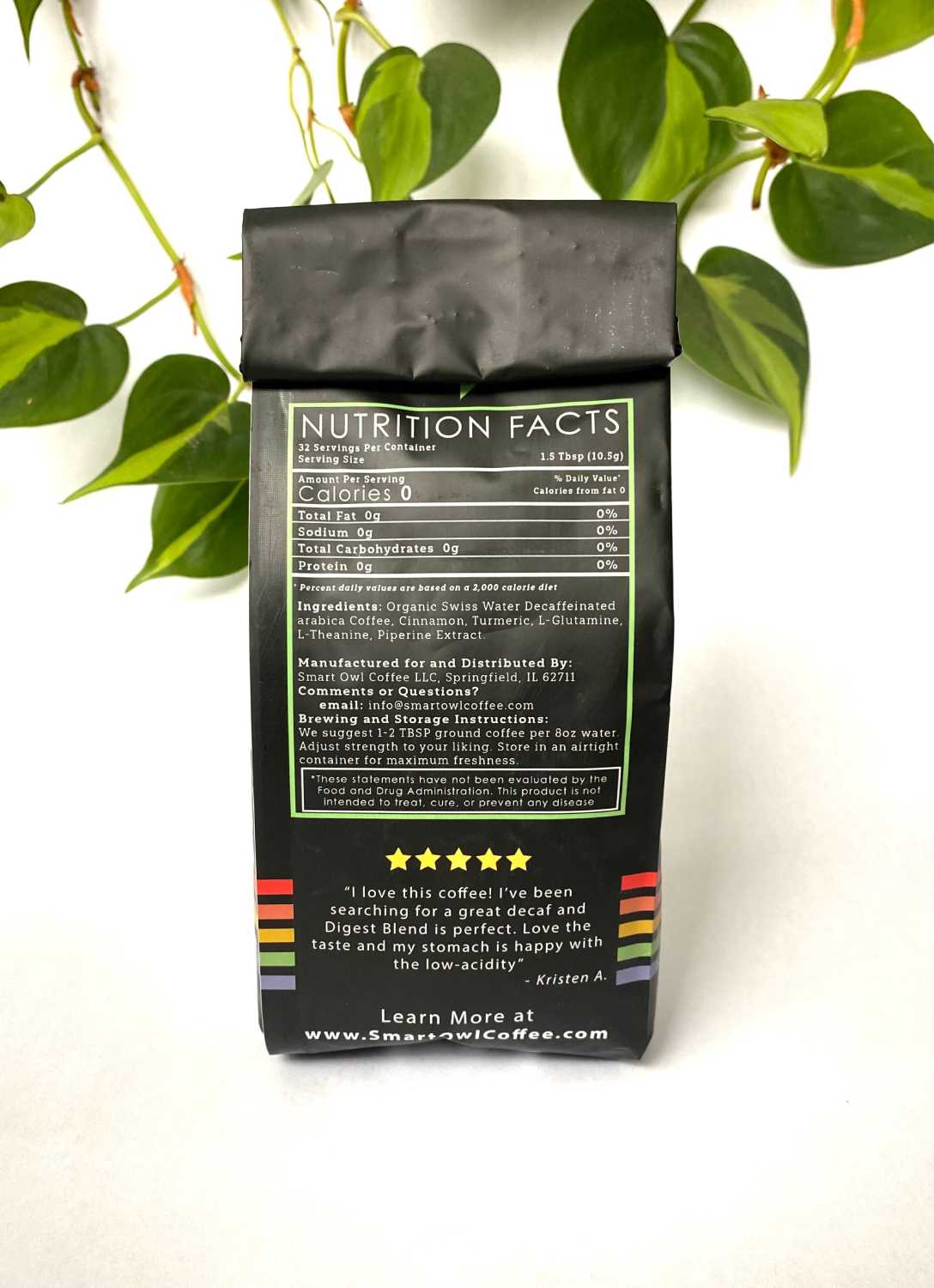 Swiss Decaf Digest Blend coffee by Smart Owl Coffee, featuring a rich coffee cup with digestive herbs and a coffee bag.