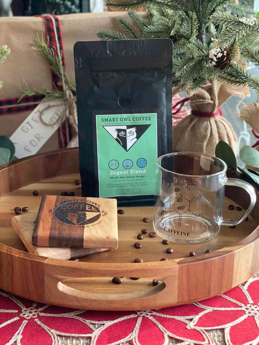 Smart Owl Coffee Digest Blend Swiss Decaf coffee bag, showcasing the packaging for digestion-friendly coffee product.