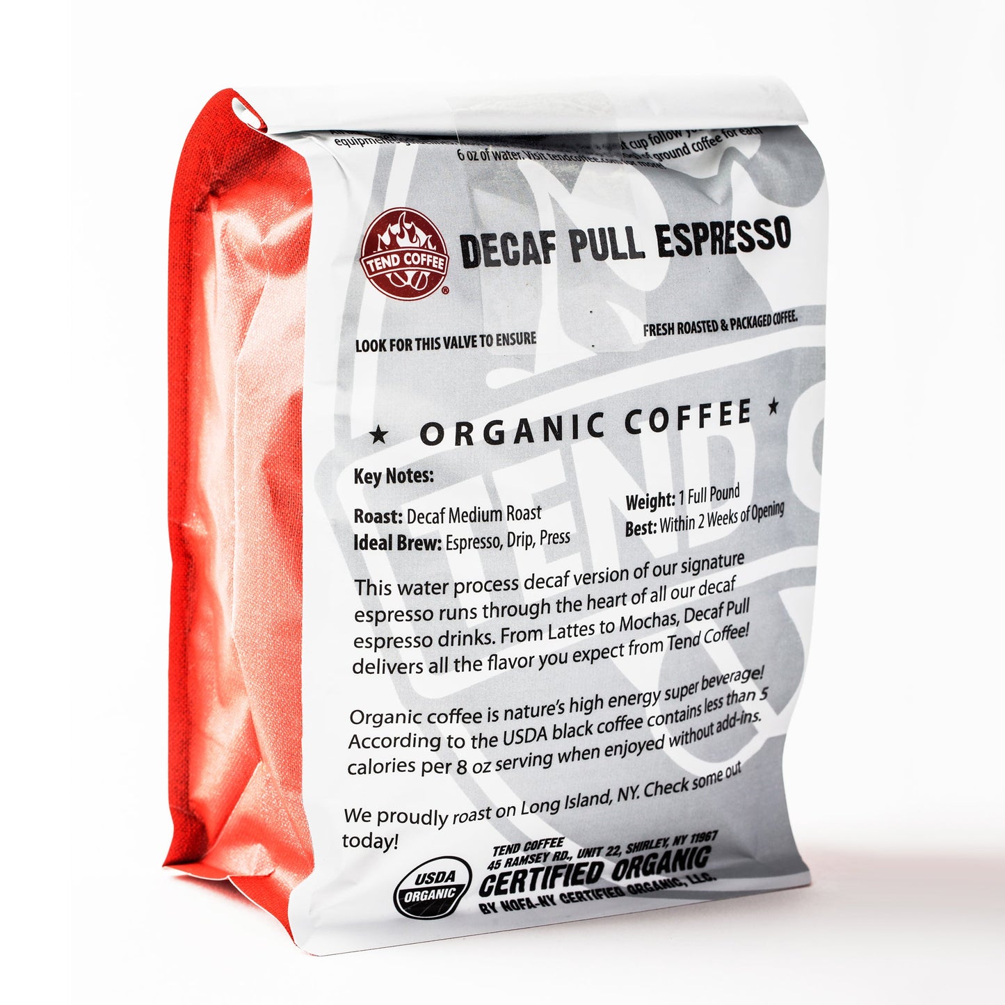 Rear view of Tend Coffee Decaf Pull Espresso coffee bag showing branding and packaging details.