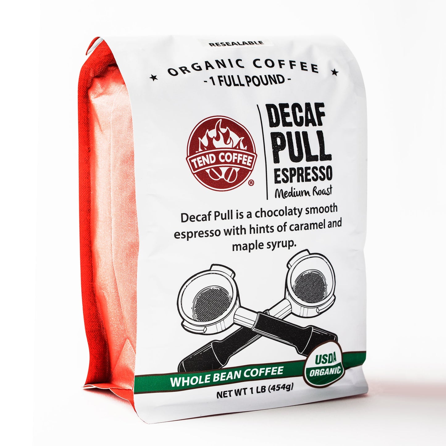 Decaf Pull Espresso coffee bag from Tend Coffee with front label visible, showcasing packaging and branding.
