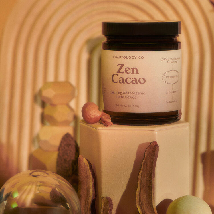 a|dash Zen Cacao with Reishi powdered beverage mix in a jar, showcasing rich cacao and reishi mushroom ingredients.