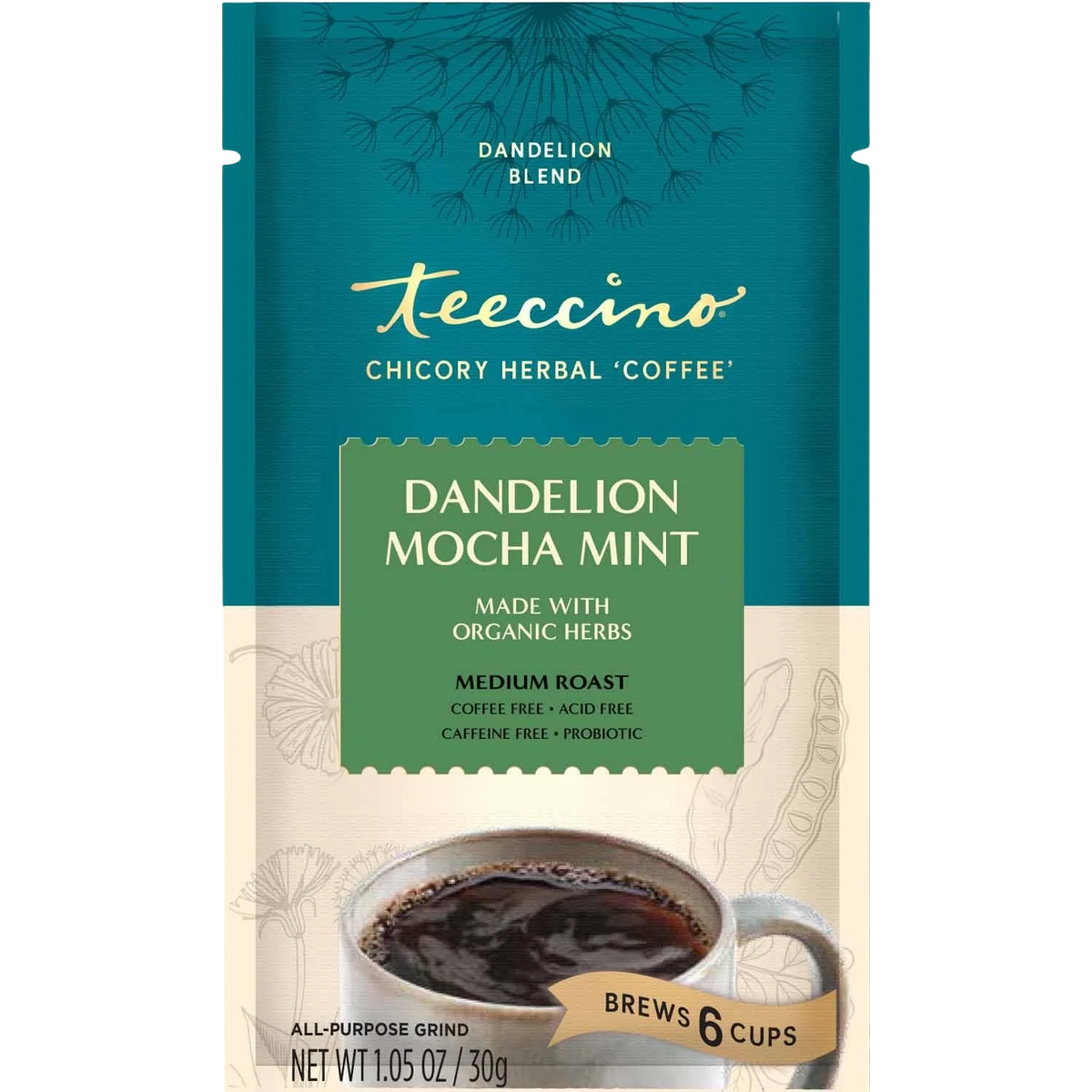 Packet of Teeccino Dandelion Mocha Mint Herbal Coffee with colorful branding and product label in close-up.