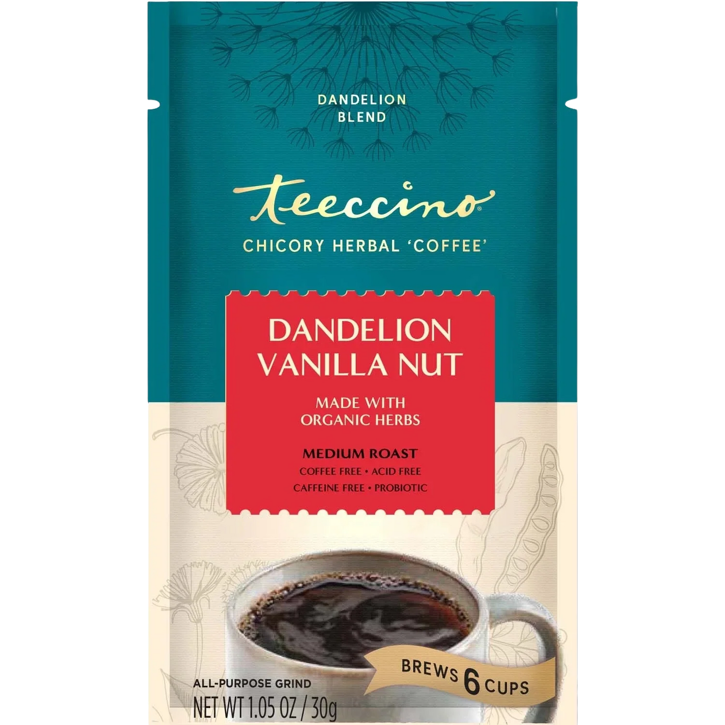 Packet of Teeccino Dandelion Vanilla Nut Herbal Coffee in a resealable bag with product branding and colorful design.
