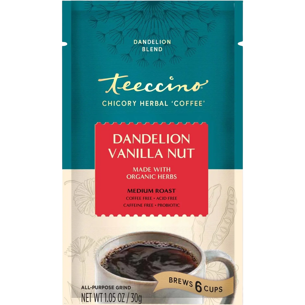 Packet of Teeccino Dandelion Vanilla Nut Herbal Coffee in a resealable bag with product branding and colorful design.