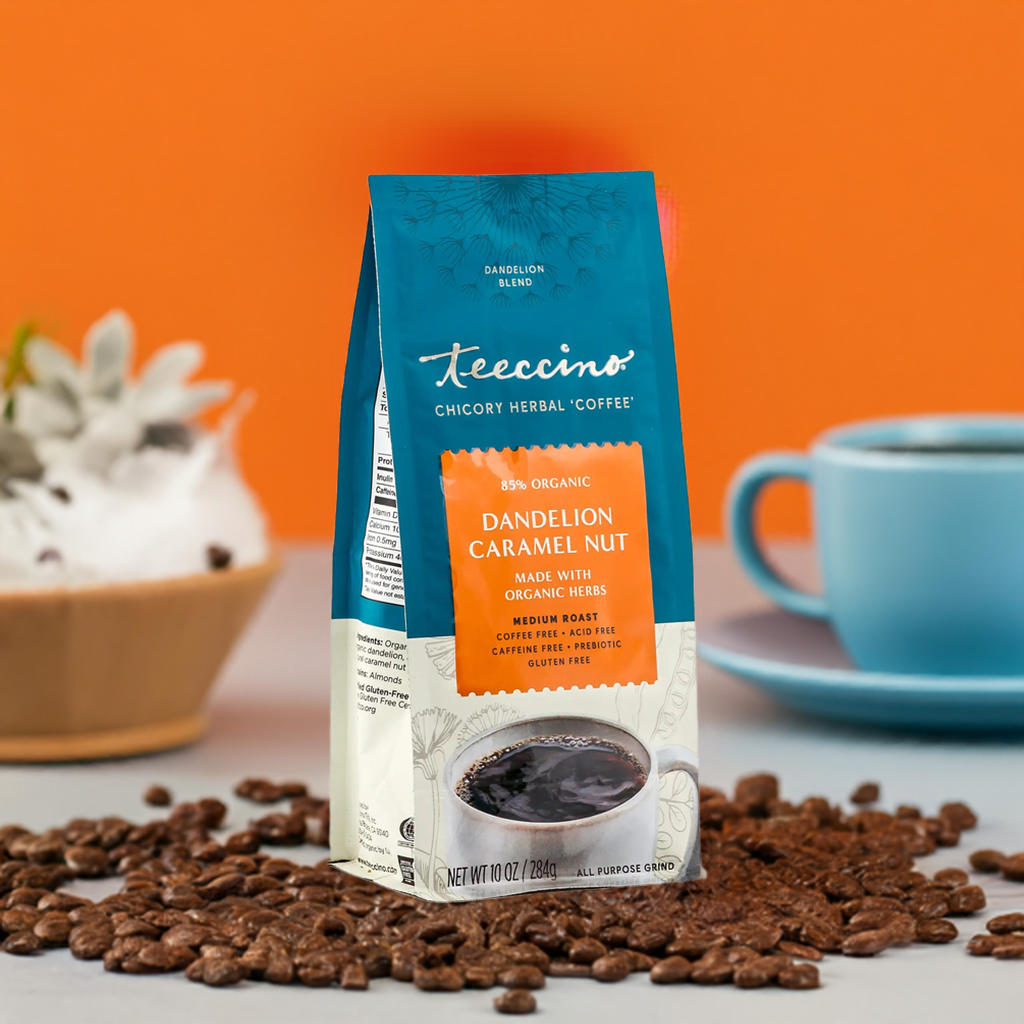 Dandelion Caramel Nut Chicory Herbal Coffee by Teeccino, featuring a brewed cup with caramel, nuts, and herbal blend.