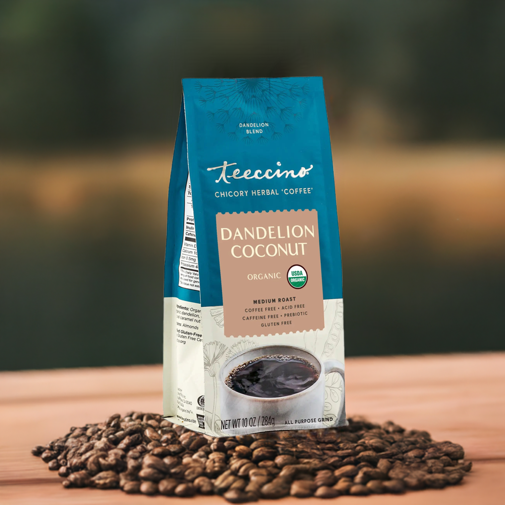 Dandelion coconut herbal coffee by Teeccino in a cup, showcasing the herbal coffee blend with dandelion and coconut ingredients.