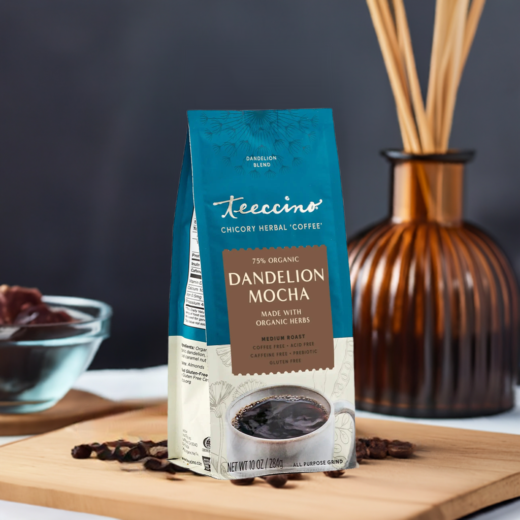 Bowl of Dandelion Mocha Herbal Coffee by Teeccino featuring rich mocha flavor and herbal ingredients in a clear glass cup