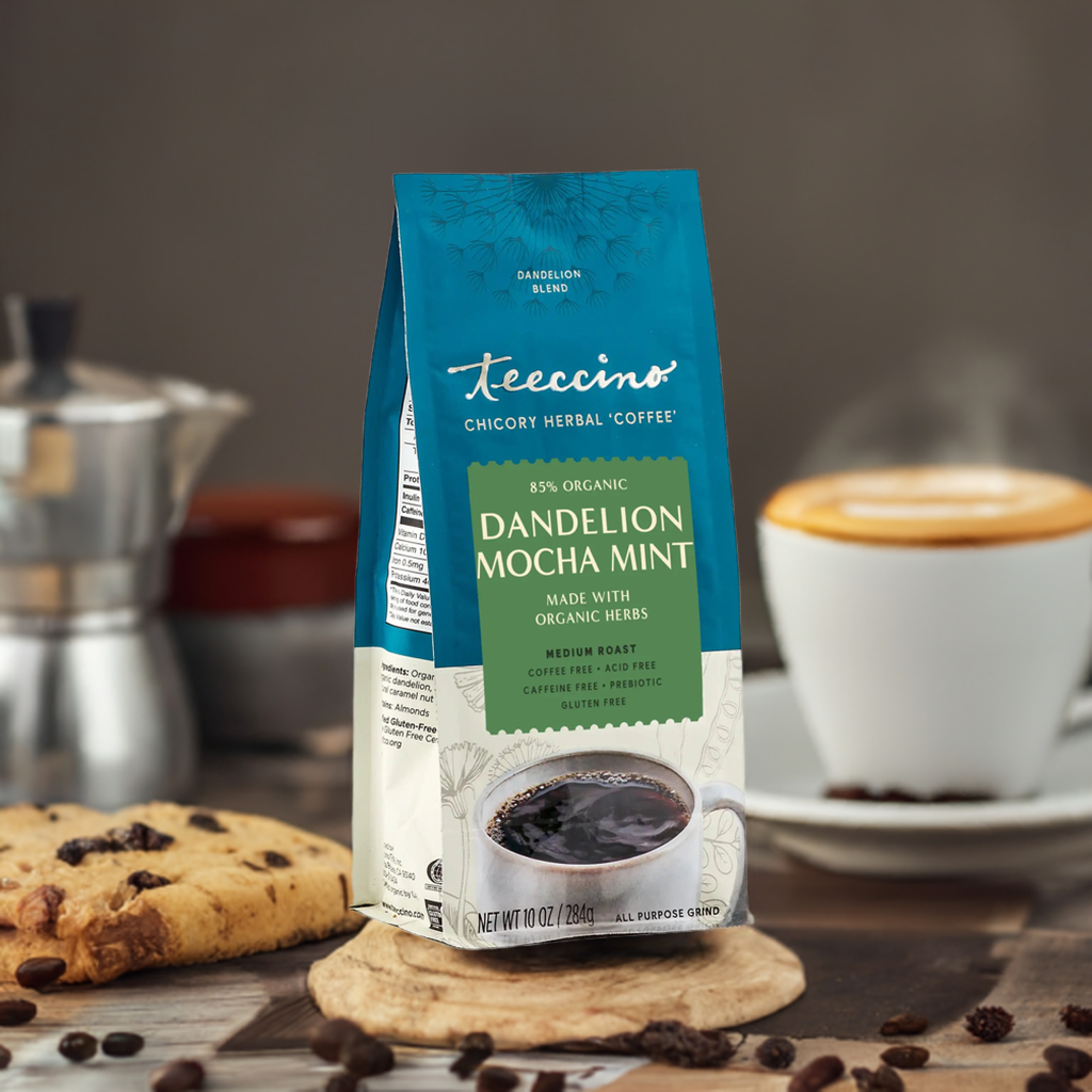 Bowl of Teeccino Dandelion Mocha Mint herbal coffee with dandelion roots, mint leaves, and mocha flavor ingredients.