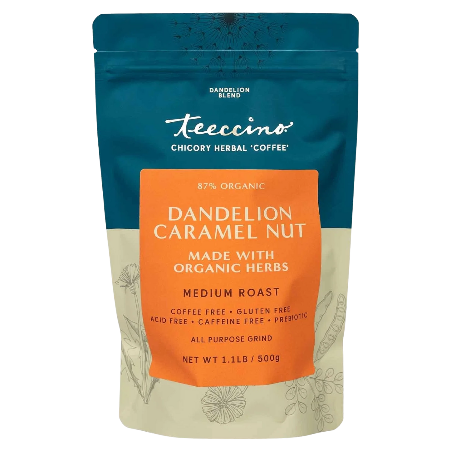Dandelion caramel nut herbal coffee by Teeccino in a 500g bag, featuring a blend of dandelion, caramel, and nut flavors.