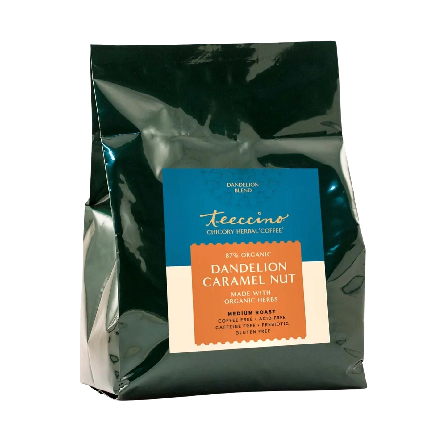 Dandelion Caramel Nut Chicory Herbal Coffee bag by Teeccino, 5lb bag showcasing the herbal coffee packaging with product branding.