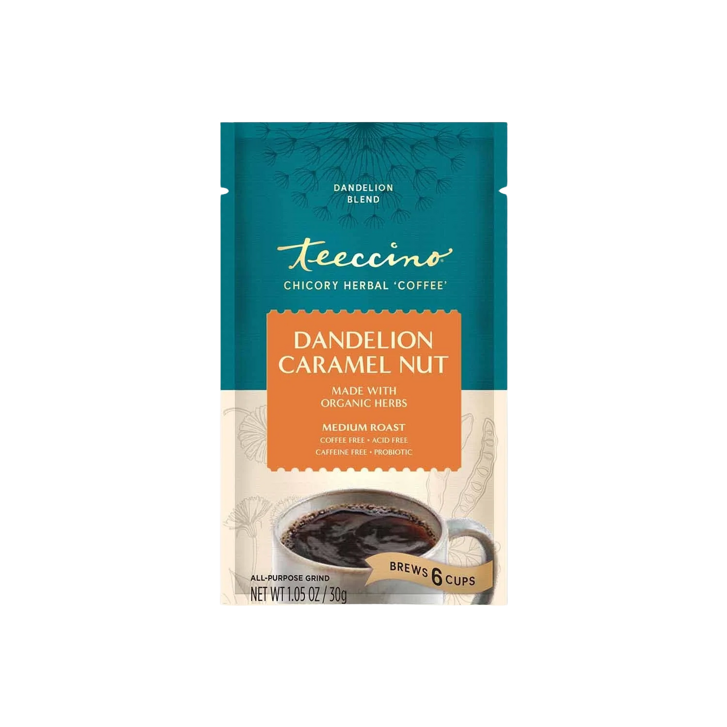 Packet of Teeccino Dandelion Caramel Nut Herbal Coffee, featuring packaging with images of dandelions and caramel nuts.