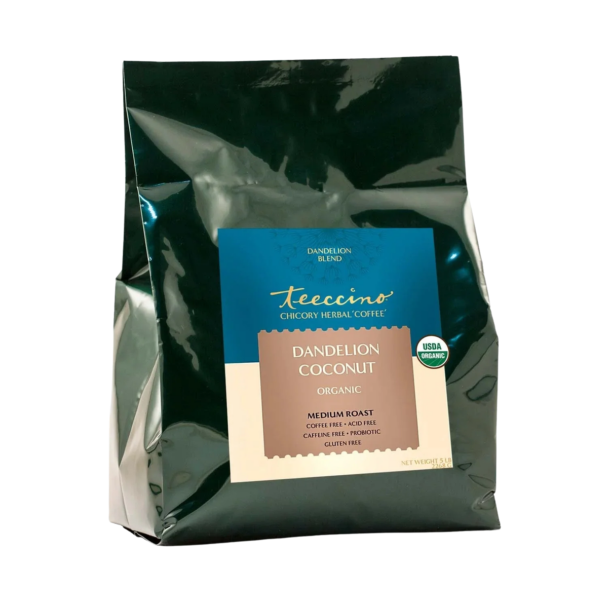 Dandelion Coconut herbal coffee by Teeccino in a 5lb bag, featuring a natural blend of dandelion and coconut flavors.