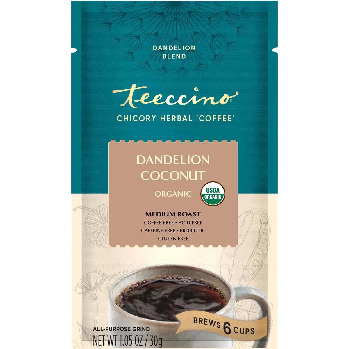 Dandelion Coconut Herbal Coffee pack by Teeccino, featuring dried herbal coffee blend with dandelion and coconut flavor.