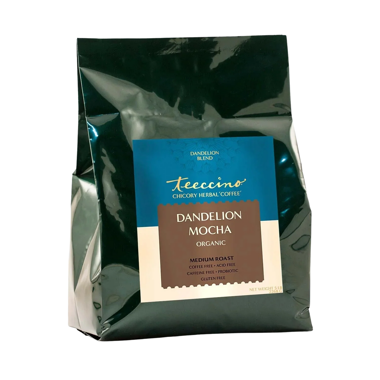 Dandelion Mocha Herbal Coffee by Teeccino in a 5lb bag, showcasing the herbal coffee blend with dandelion and mocha flavor.