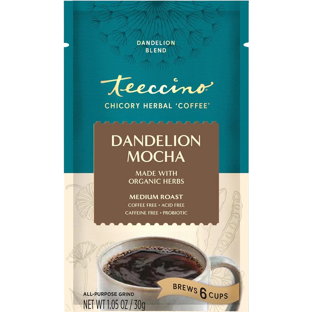 Packet of Teeccino Dandelion Mocha Herbal Coffee, showcasing the herbal coffee blend in a colorful package.