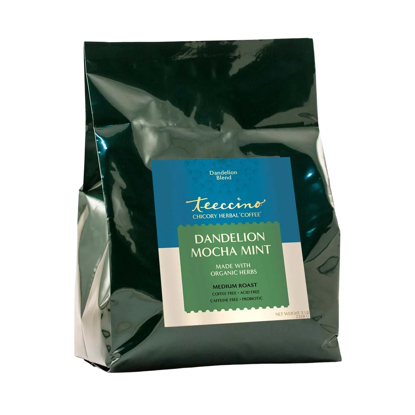 Dandelion Mocha Mint herbal coffee by Teeccino in a 5lb bag, featuring a blend of dandelion, mint, and mocha flavors.