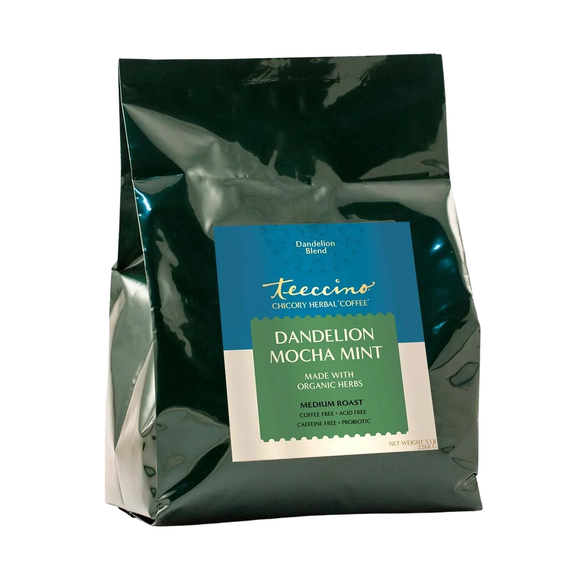 Dandelion Mocha Mint herbal coffee by Teeccino in a 5lb bag, featuring a blend of dandelion, mint, and mocha flavors.