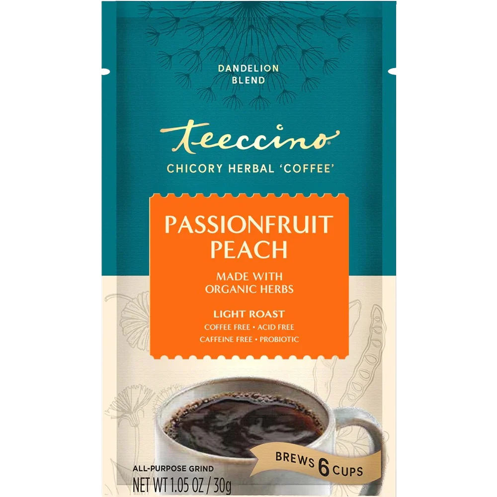 Packet of Teeccino Dandelion Passionfruit Peach Herbal Coffee in vibrant packaging featuring colorful fruit illustrations.