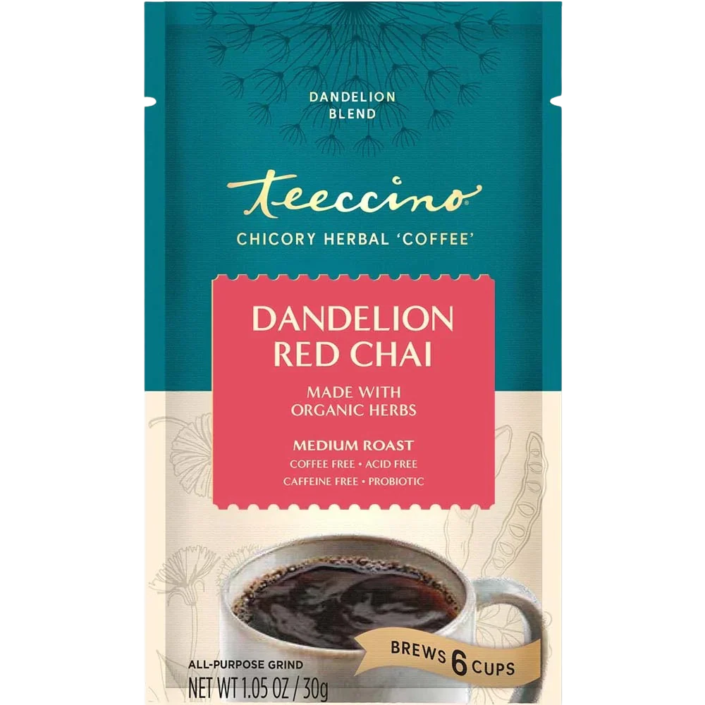 Packet of Teeccino Dandelion Red Chai Herbal Coffee with vibrant red and yellow packaging, showcasing the herbal beverage product.