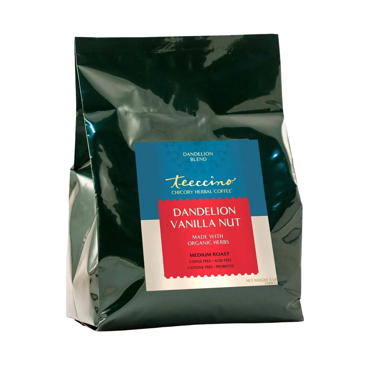 Dandelion Vanilla Nut herbal coffee by Teeccino in a 5lb bag, featuring a blend of dandelion, vanilla, and nut flavors.