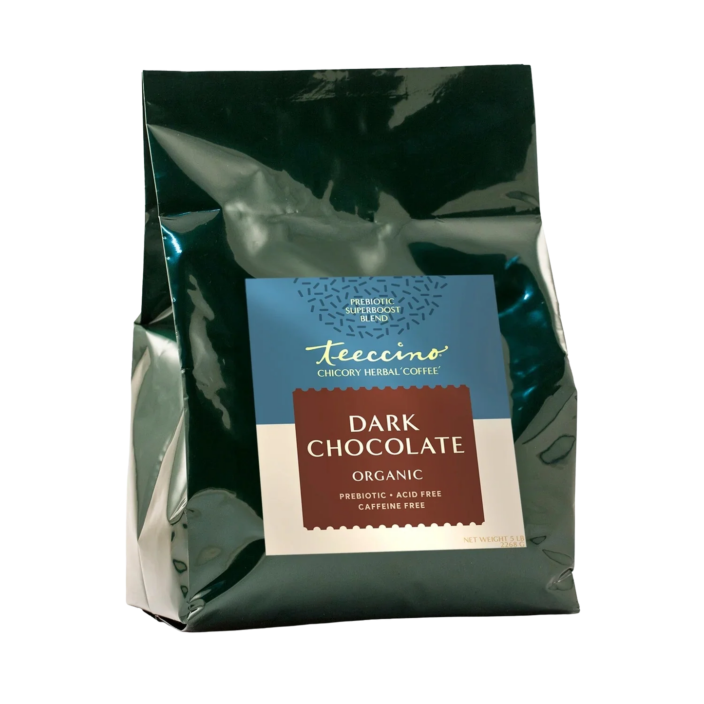 Dark chocolate herbal coffee by Teeccino featuring a 5lb bag of prebiotic herbal coffee with rich chocolate flavor.