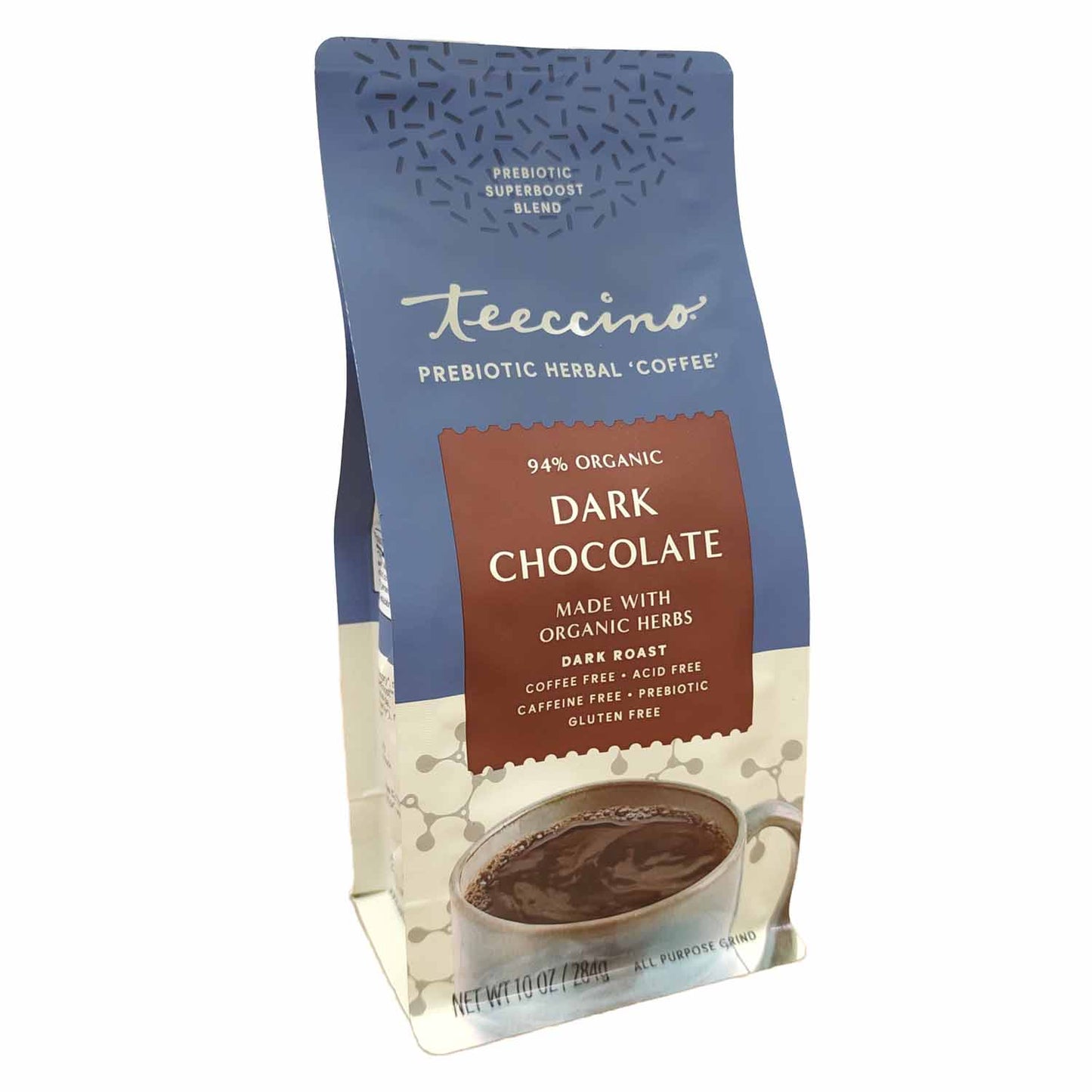Dark chocolate herbal coffee from Teeccino featuring a rich, dark appearance and prebiotic superboost ingredients.