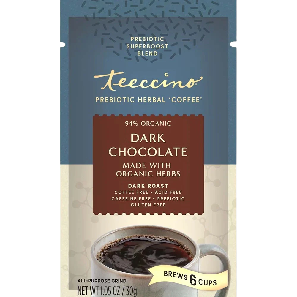 Packet of Teeccino Dark Chocolate Prebiotic Herbal Coffee with rich dark chocolate flavor and herbal ingredients for a healthy boost.