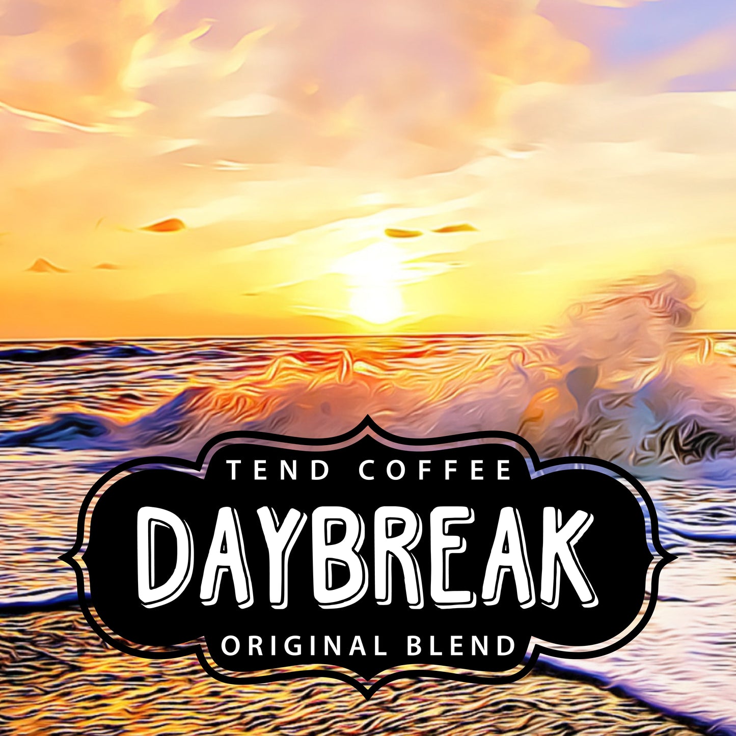 A cup of Daybreak Blend coffee from Tend Coffee showing a steaming brewed coffee in a white mug on a wooden table.