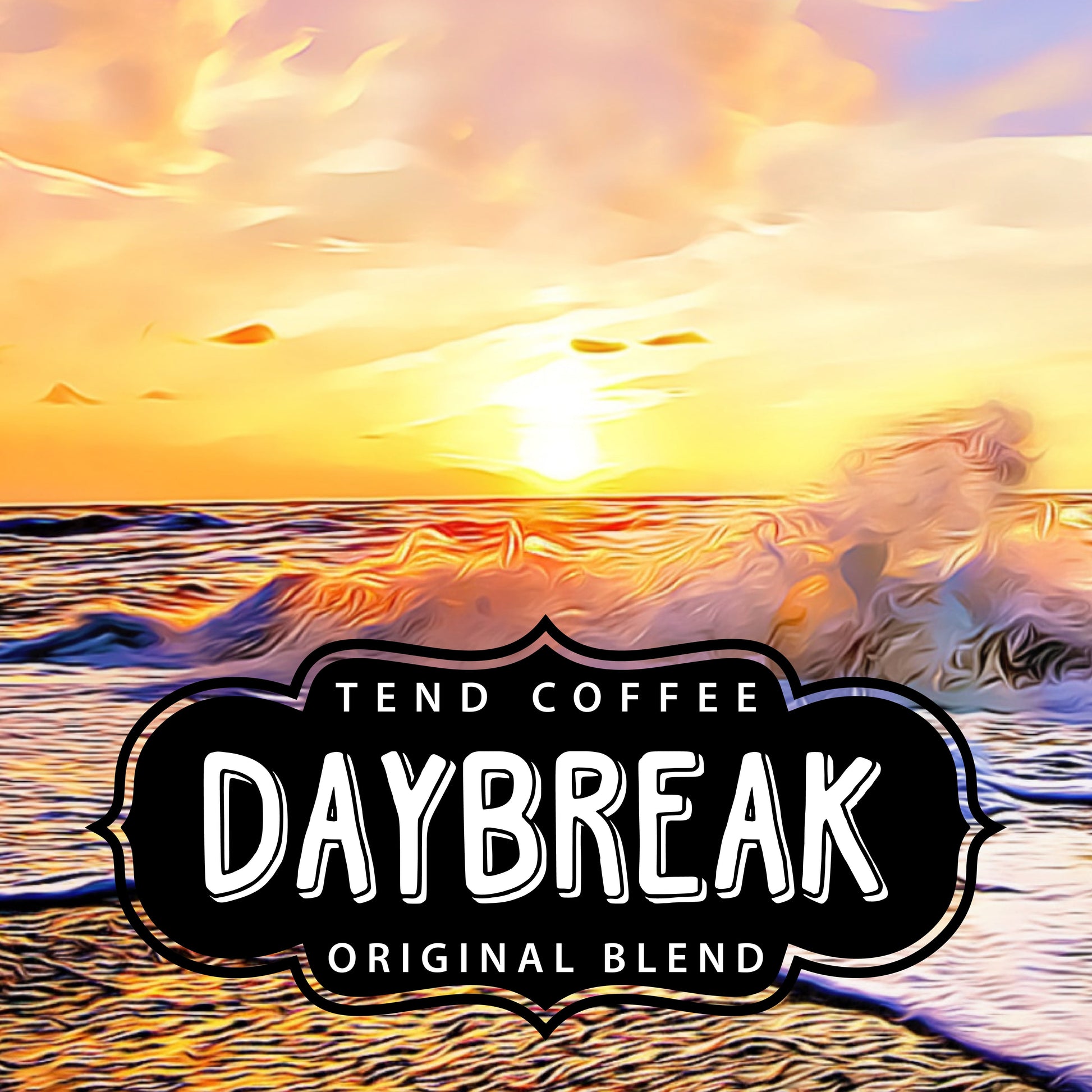 A cup of Daybreak Blend coffee from Tend Coffee showing a steaming brewed coffee in a white mug on a wooden table.