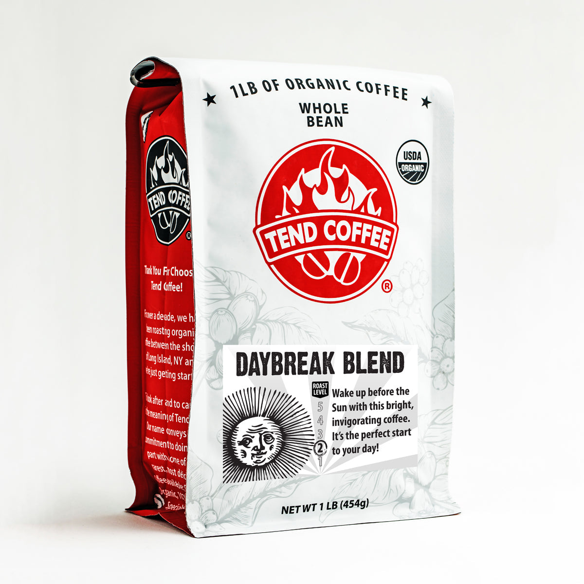 Bag of Tend Coffee Daybreak Blend coffee with a colorful label, showcasing the packaging for this roasted coffee product.
