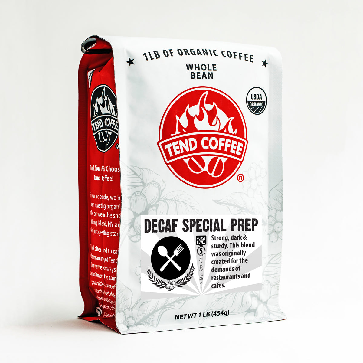 Organic Tend Coffee Decaf Special Prep Blend in a bag, showcasing rich roasted coffee beans for a smooth, decaffeinated brew.
