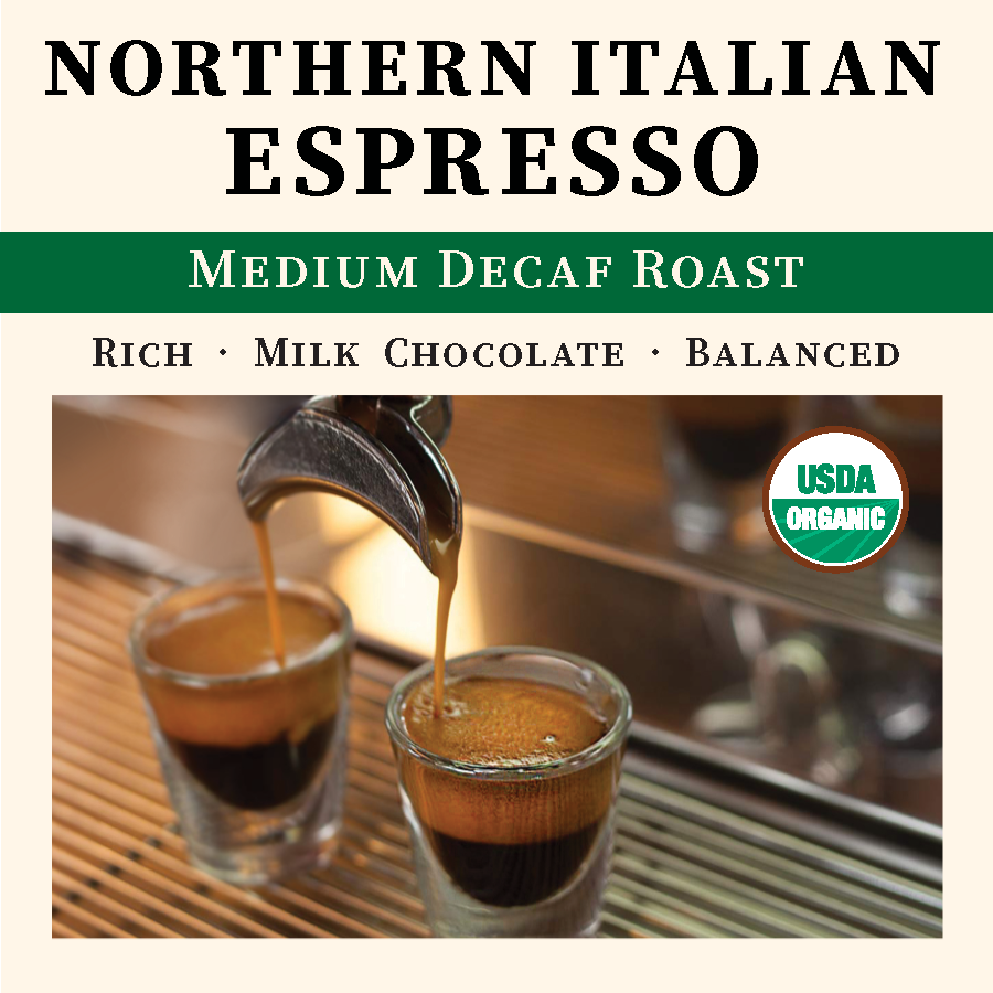 Organic decaf Northern Italian style espresso from Thanksgiving Coffee Company, medium roast with a rich, smooth appearance.