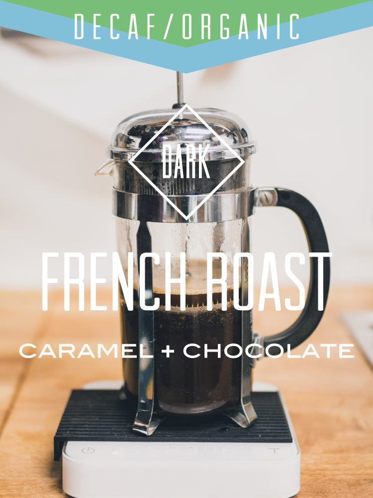 Decaf Organic French Roast coffee bag by Centri Coffee, featuring dark roasted, aromatic decaffeinated coffee beans.