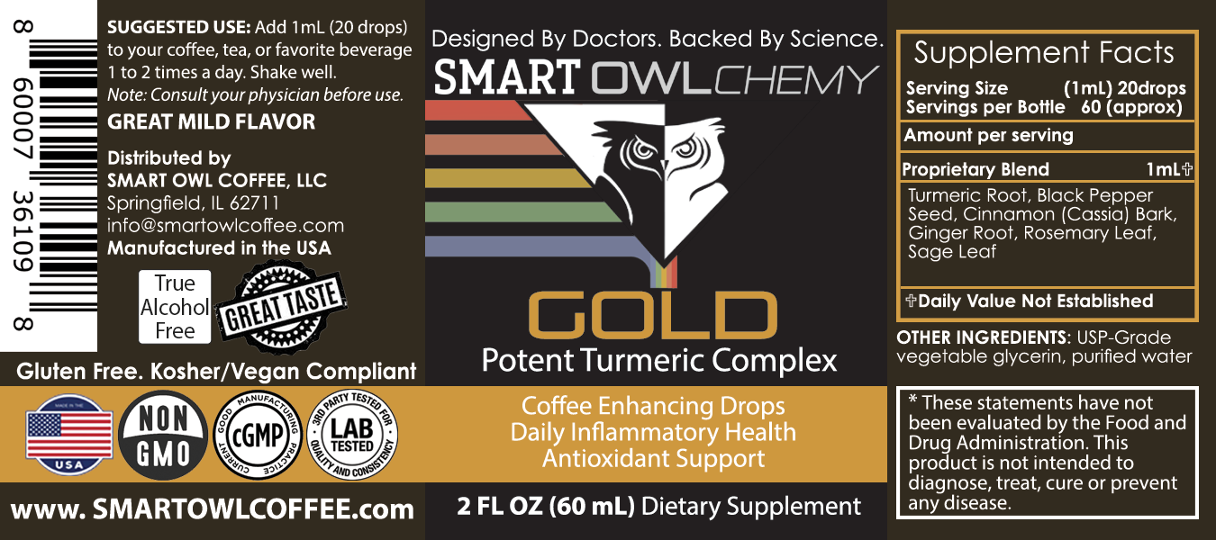 Smart Owl Coffee Gold Drops Smart OWLchemy turmeric extract supplement drop in a 2oz bottle with a dropper for easy use.