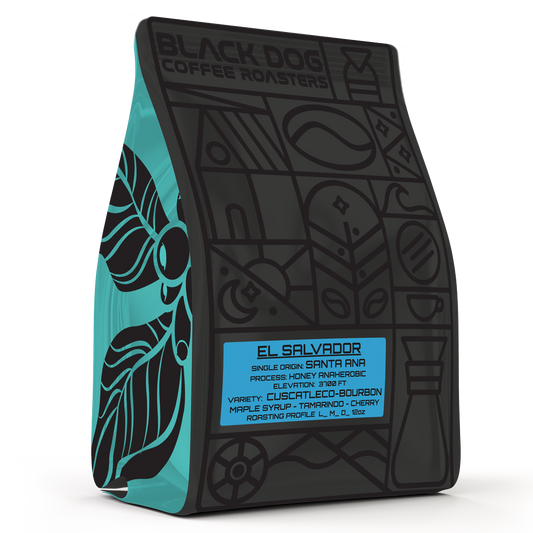 Whole SIVARLAND-EL SALVADOR coffee beans from Black Dog Coffee Roasters displayed in a clear bag.