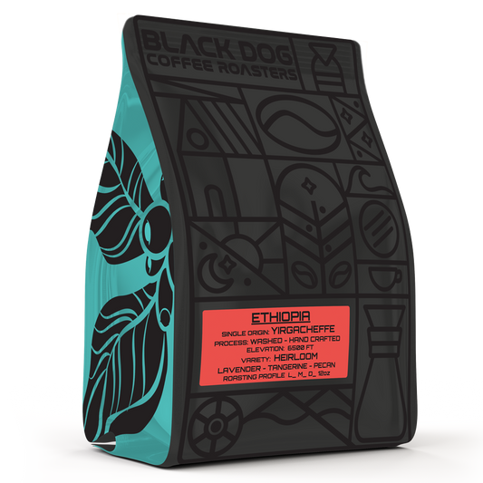 Ethiopian coffee beans from Black Dog Coffee Roasters, showcasing fresh, whole coffee beans in a natural light setting.