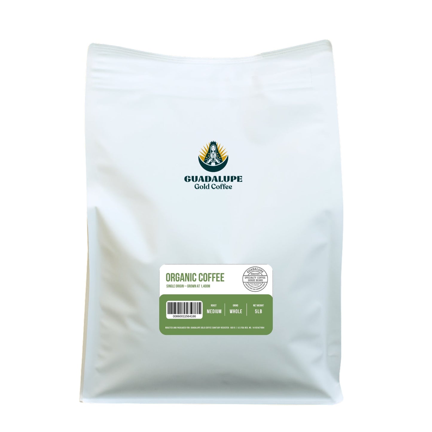 Organic single origin coffee bag by GuadalupeRoastery, featuring a gold label and logo, grown at 1,400m altitude.