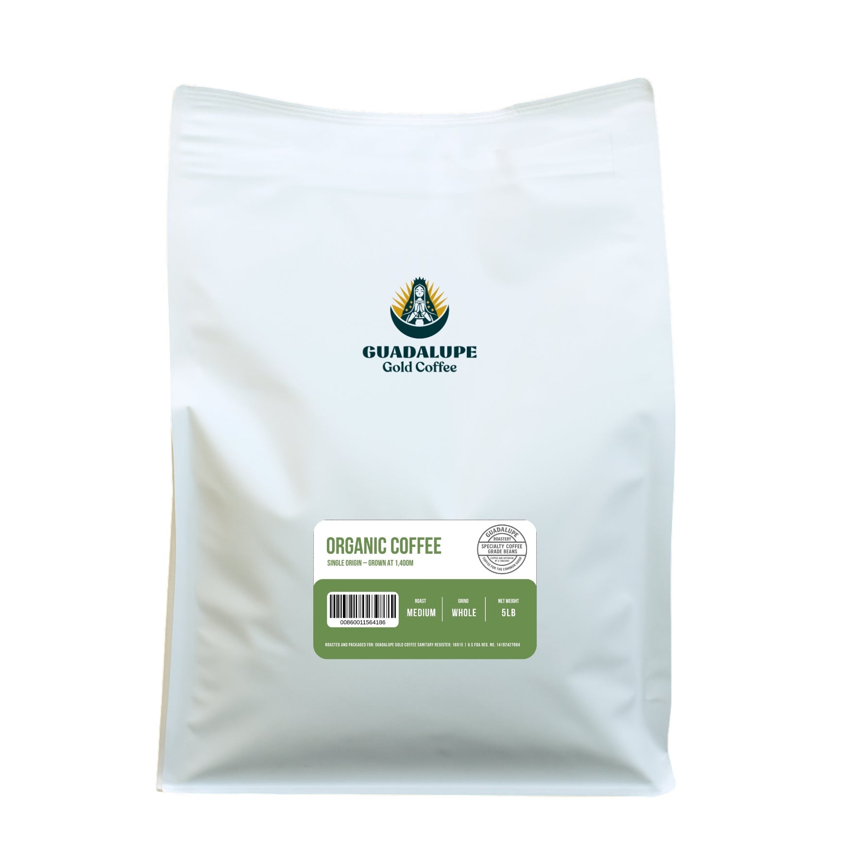 Organic single origin coffee bag by GuadalupeRoastery, featuring a gold label and logo, grown at 1,400m altitude.