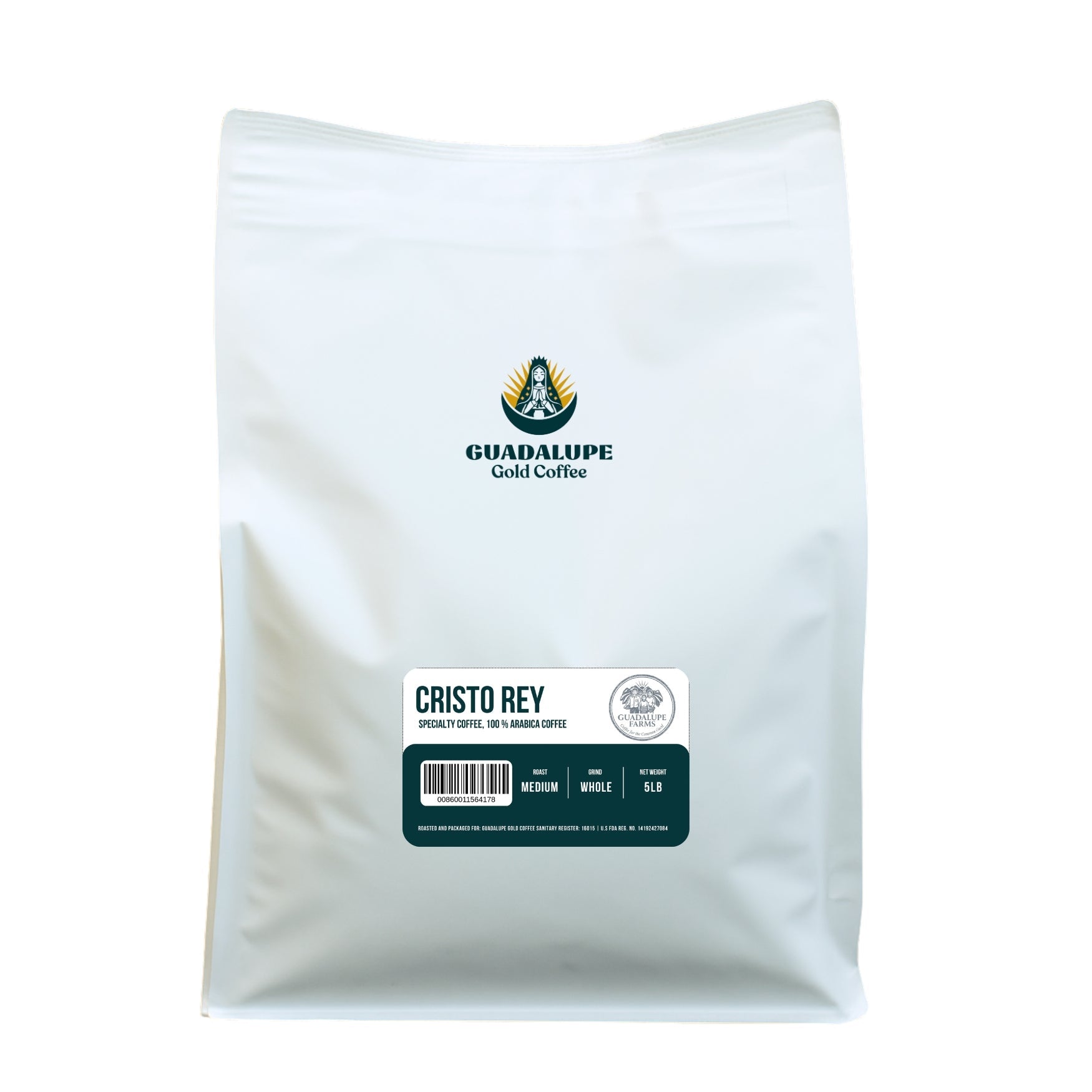 GuadalupeRoastery Cristo Rey specialty coffee bag from Guadalupe Gold Farm, single estate, featuring the brand logo and packaging.