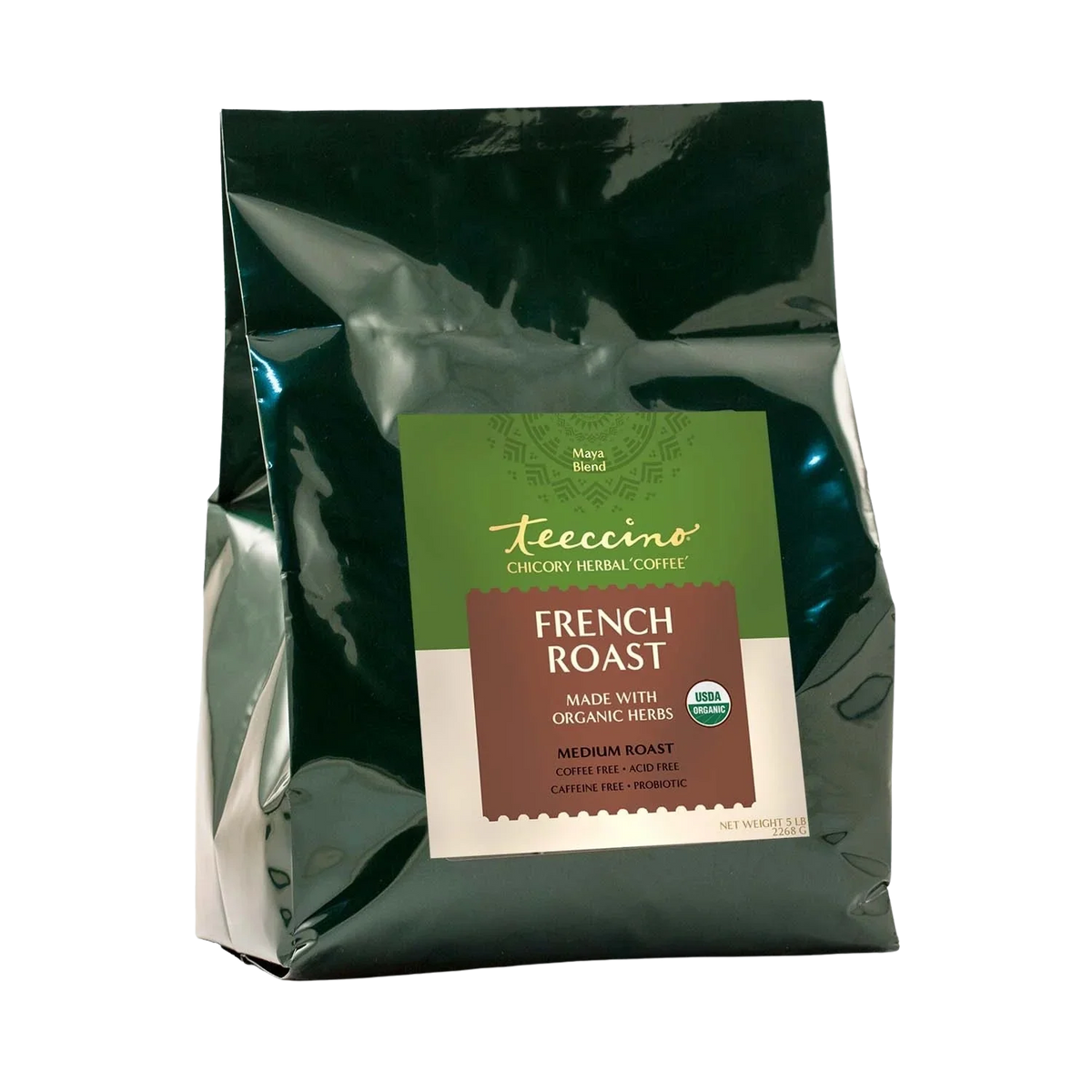 French Roast Chicory Herbal Coffee by Teeccino in a 5lb bag showcasing dark roasted coffee grounds and herbal blend packaging.