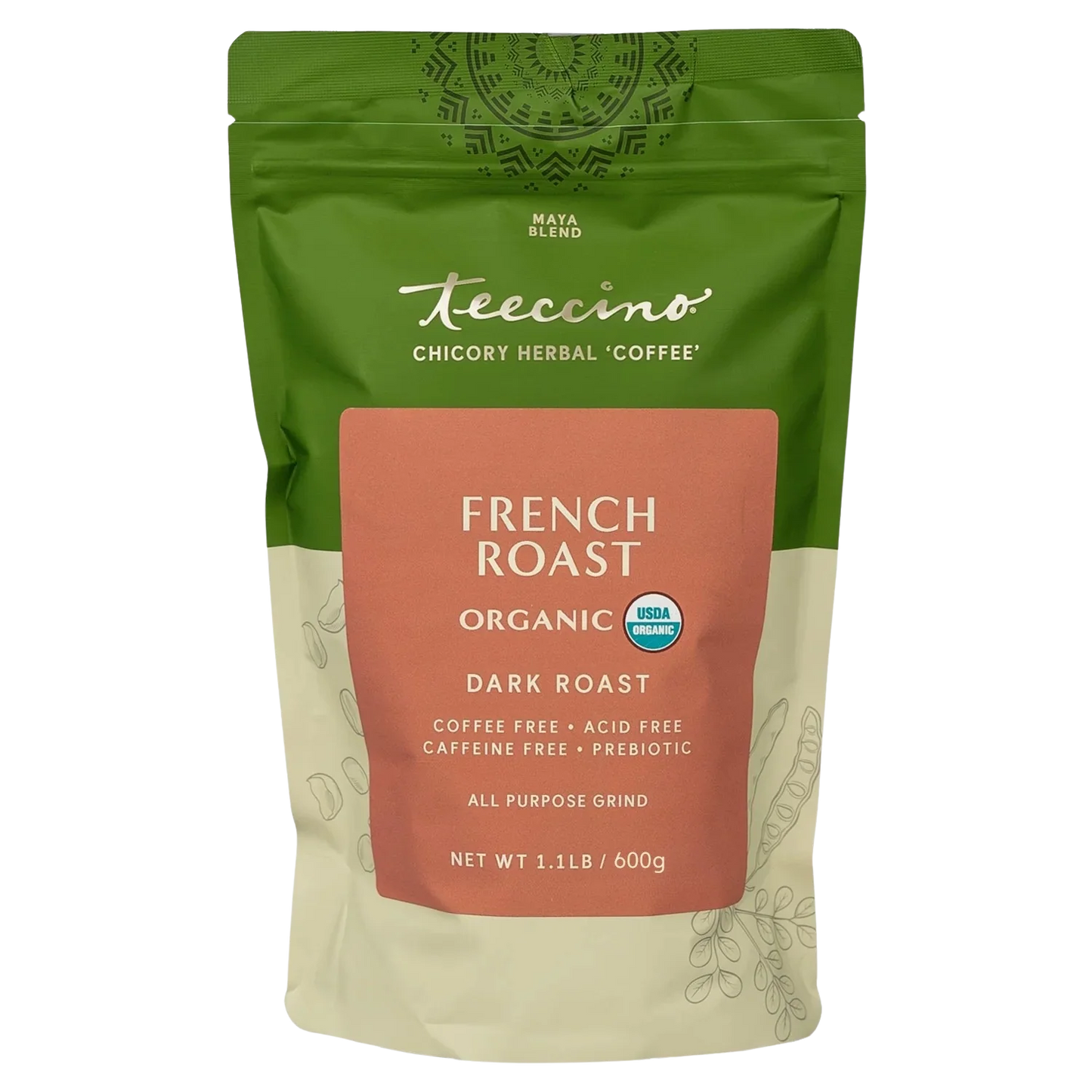 French Roast Chicory Herbal Coffee by Teeccino in a 600g package, featuring dark roasted coffee beans and chicory blend.