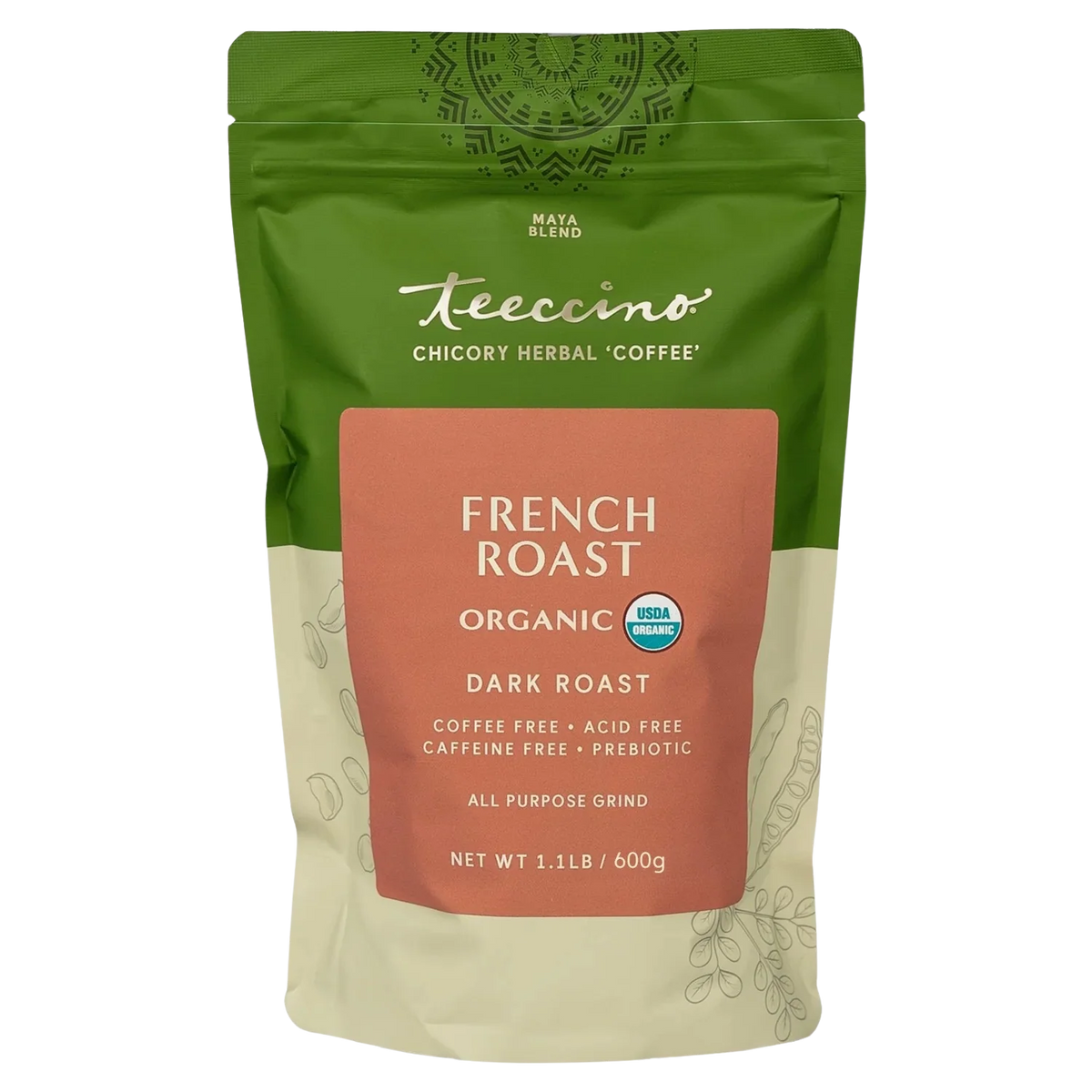 French Roast Chicory Herbal Coffee by Teeccino in a 600g package, featuring dark roasted coffee beans and chicory blend.