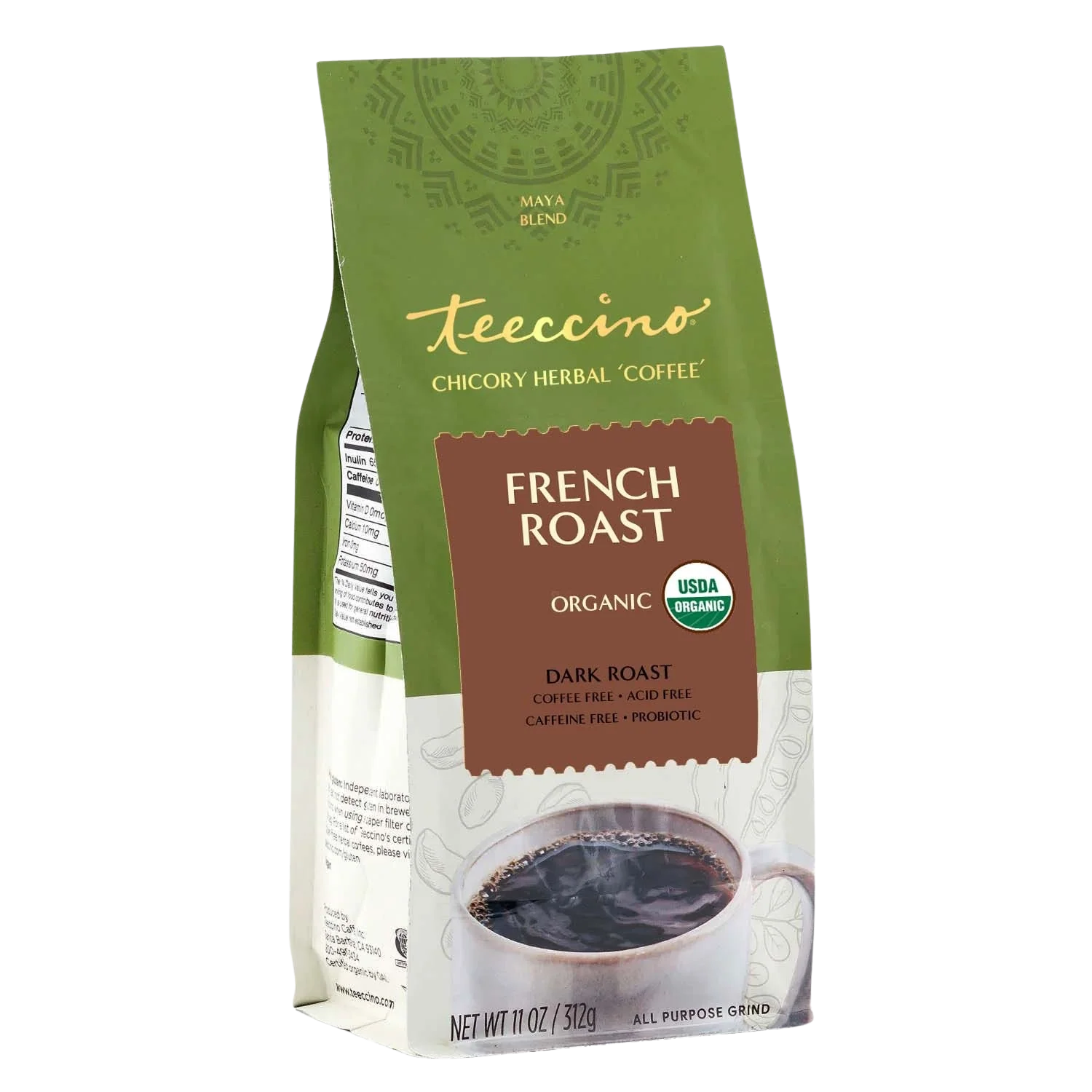 French Roast Chicory Herbal Coffee by Teeccino in a dark roasted coffee blend with chicory and herbal ingredients.