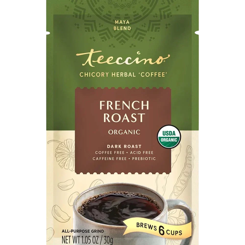 Packet of Teeccino French Roast Chicory Herbal Coffee, featuring dark roasted herbal coffee blend in a branded packet.
