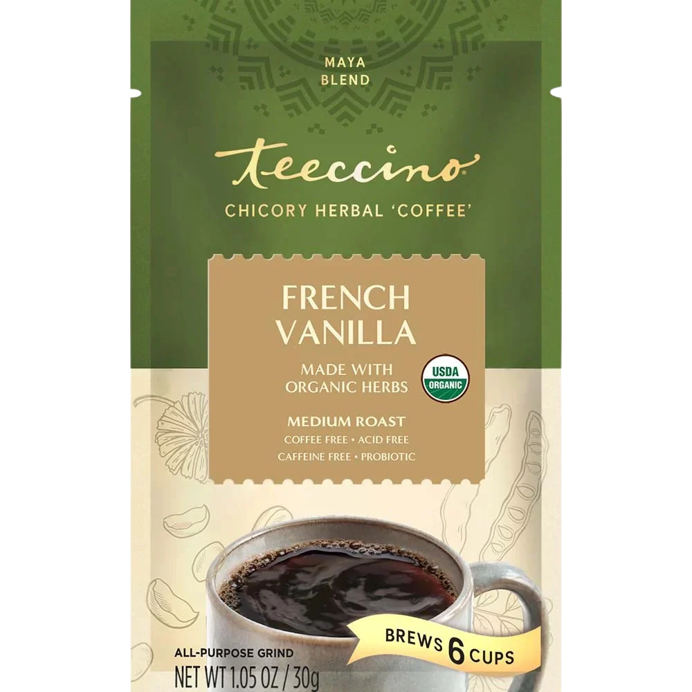 Packet of Teeccino French Vanilla Chicory Herbal Coffee, showcasing the herbal coffee product in a resealable bag.