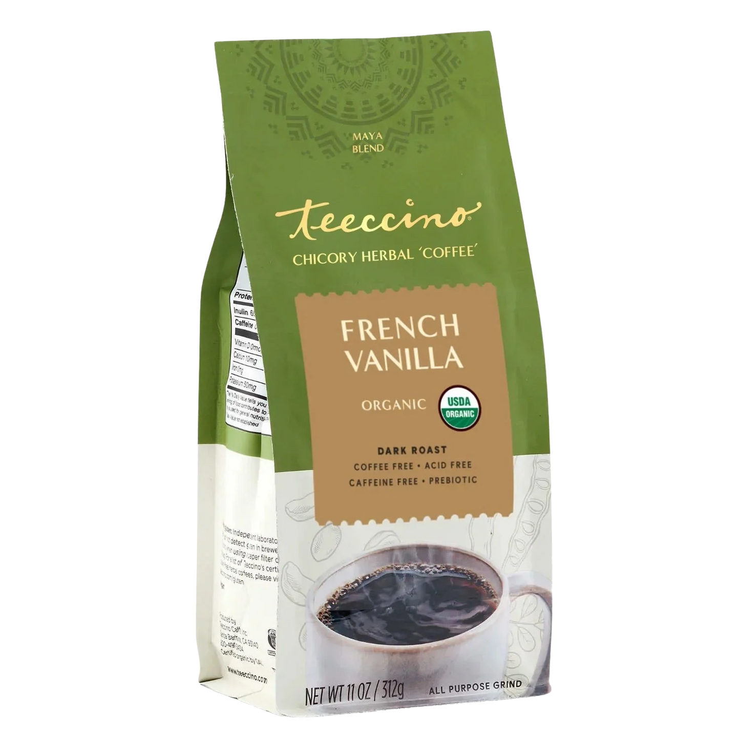 French Vanilla Chicory Herbal Coffee by Teeccino, showing a bag of herbal coffee with vanilla and chicory ingredients.